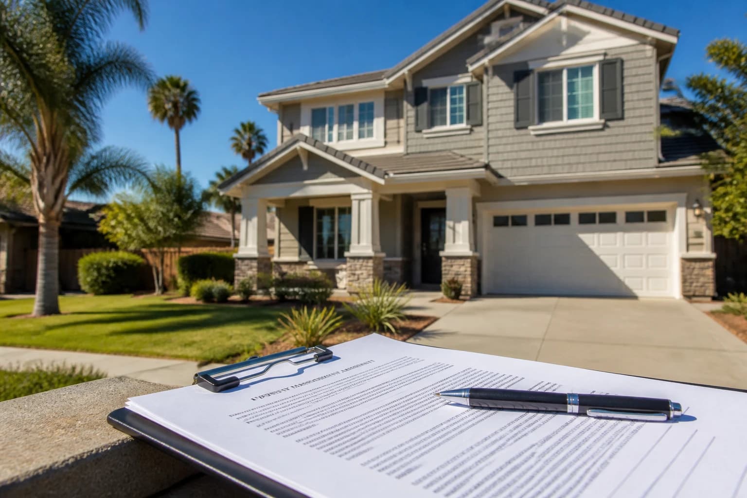 Property management agreement and fee schedule in front of a California rental home