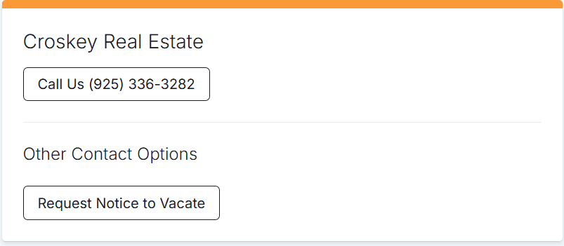Resident Portal contact card with a Call Us button showing the Croskey office number and a Request Notice to Vacate button