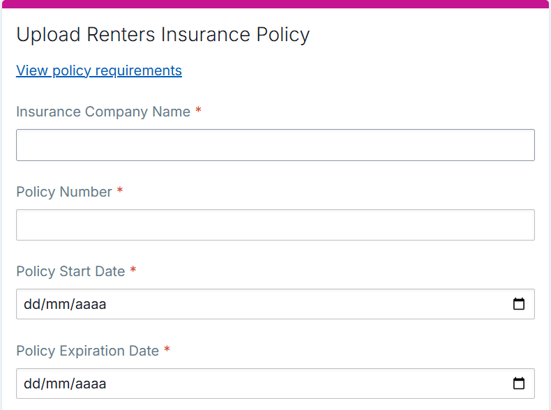 Resident Portal Upload Renters Insurance Policy form with fields for insurance company name, policy number, policy start date and policy expiration date