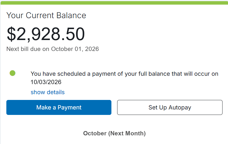 Resident Portal balance screen showing the current balance, the next bill due date, a Make a Payment button and a Set Up Autopay button
