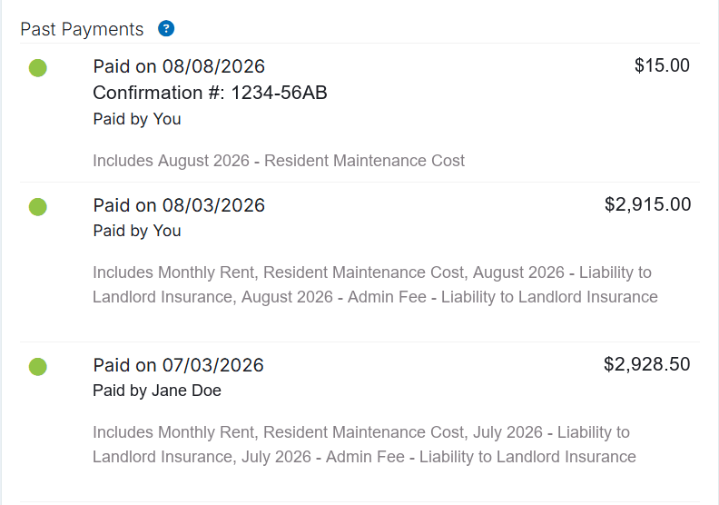 Resident Portal past payments list showing paid dates, amounts, a confirmation number, who paid and which charges each payment covered