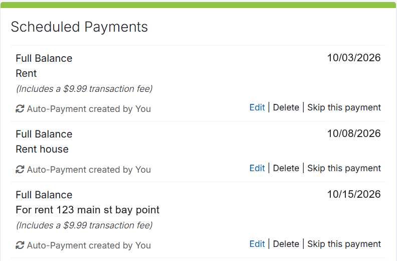 Resident Portal Scheduled Payments card listing three upcoming full balance autopayments with Edit, Delete and Skip this payment links